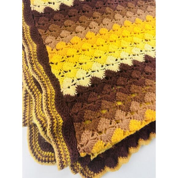 Handmade Vintage Crochet Lap AFGHAN 60s 70s orange brown blanket Star Burst Fans - Picture 2 of 6